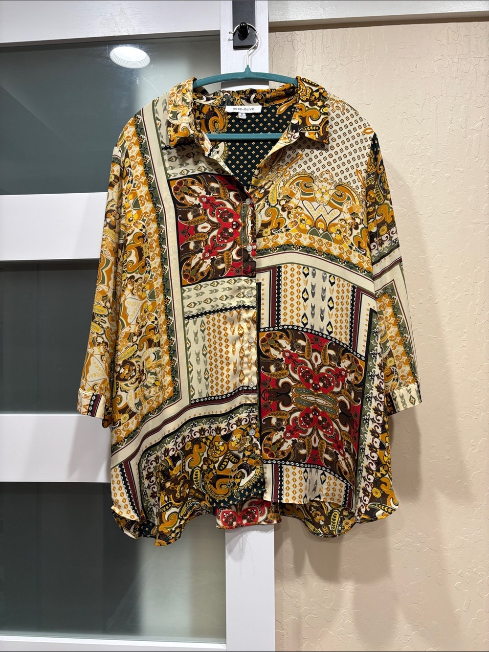 Rose & Olive Men's Patchwork Paisley Button-Down Shirt in Yellow, Red and Cream